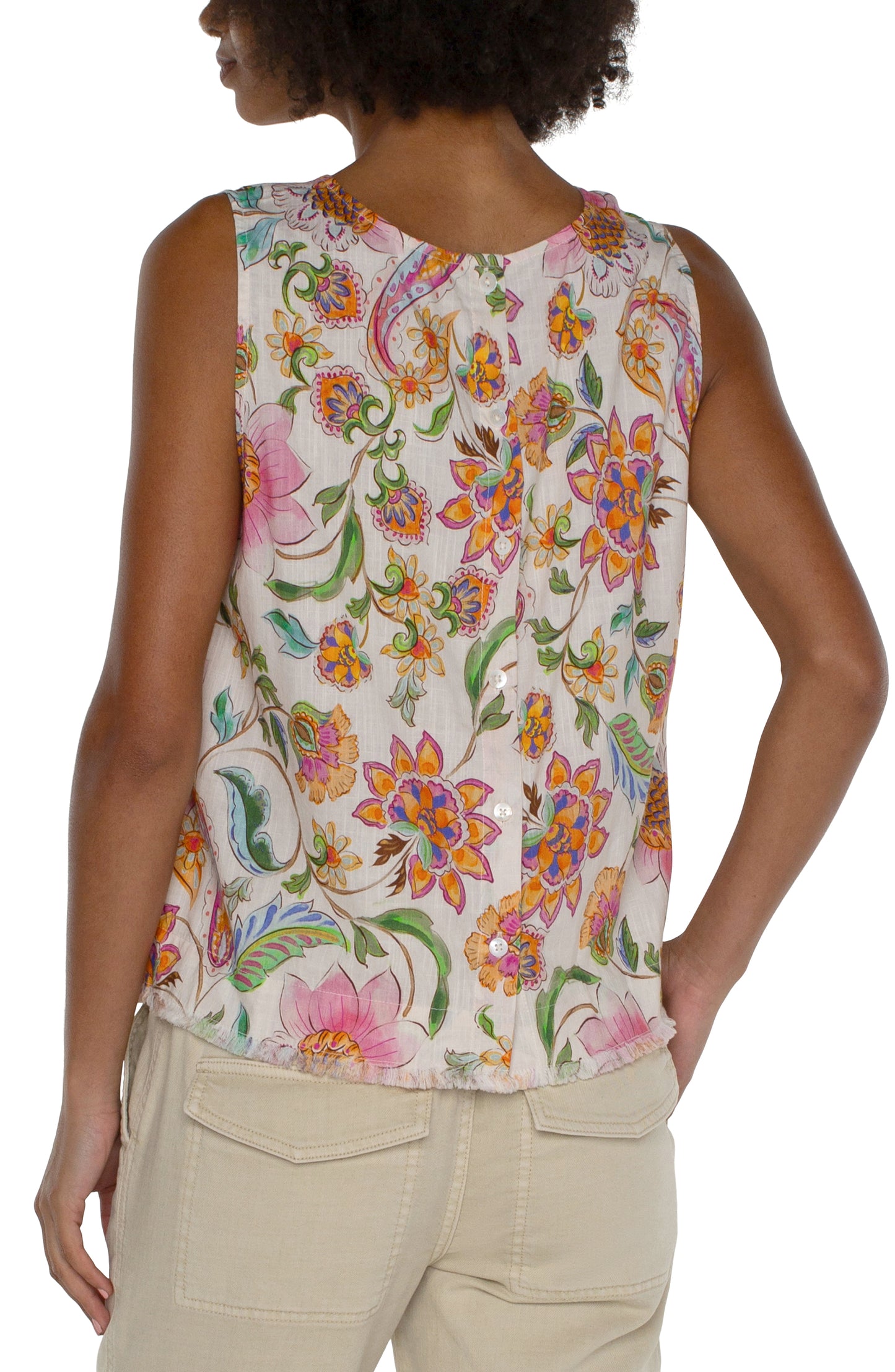 Sleeveless Floral Top with Button Back - Pink Multi