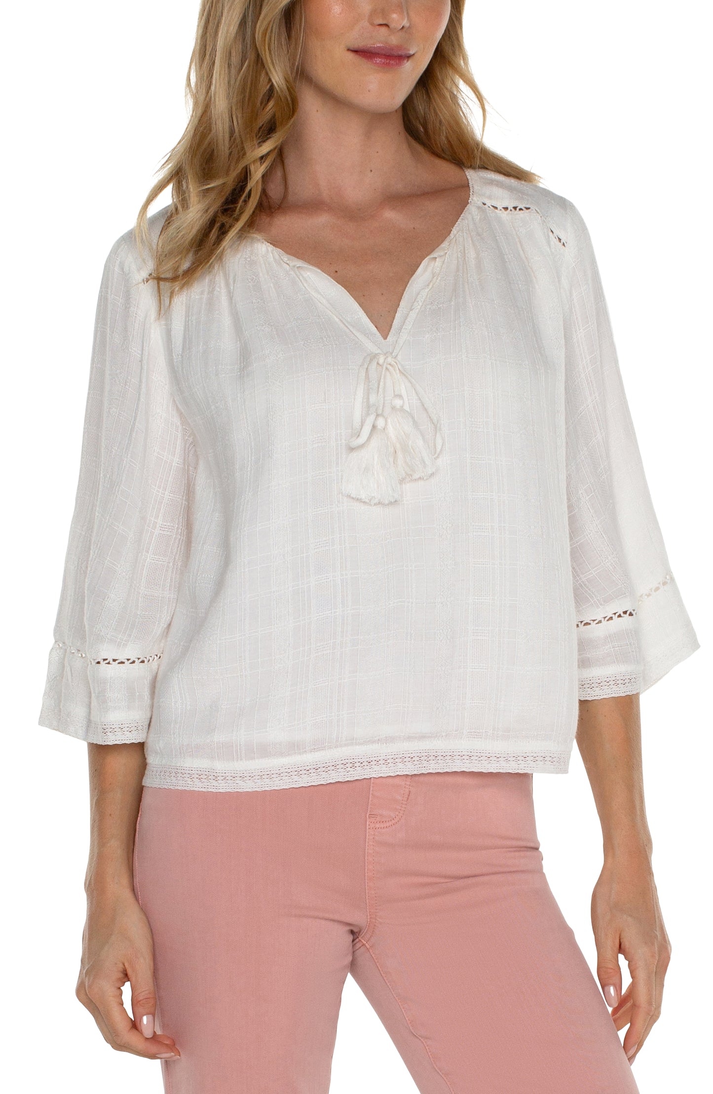 Tie Front Top with Detail Trim - Off White