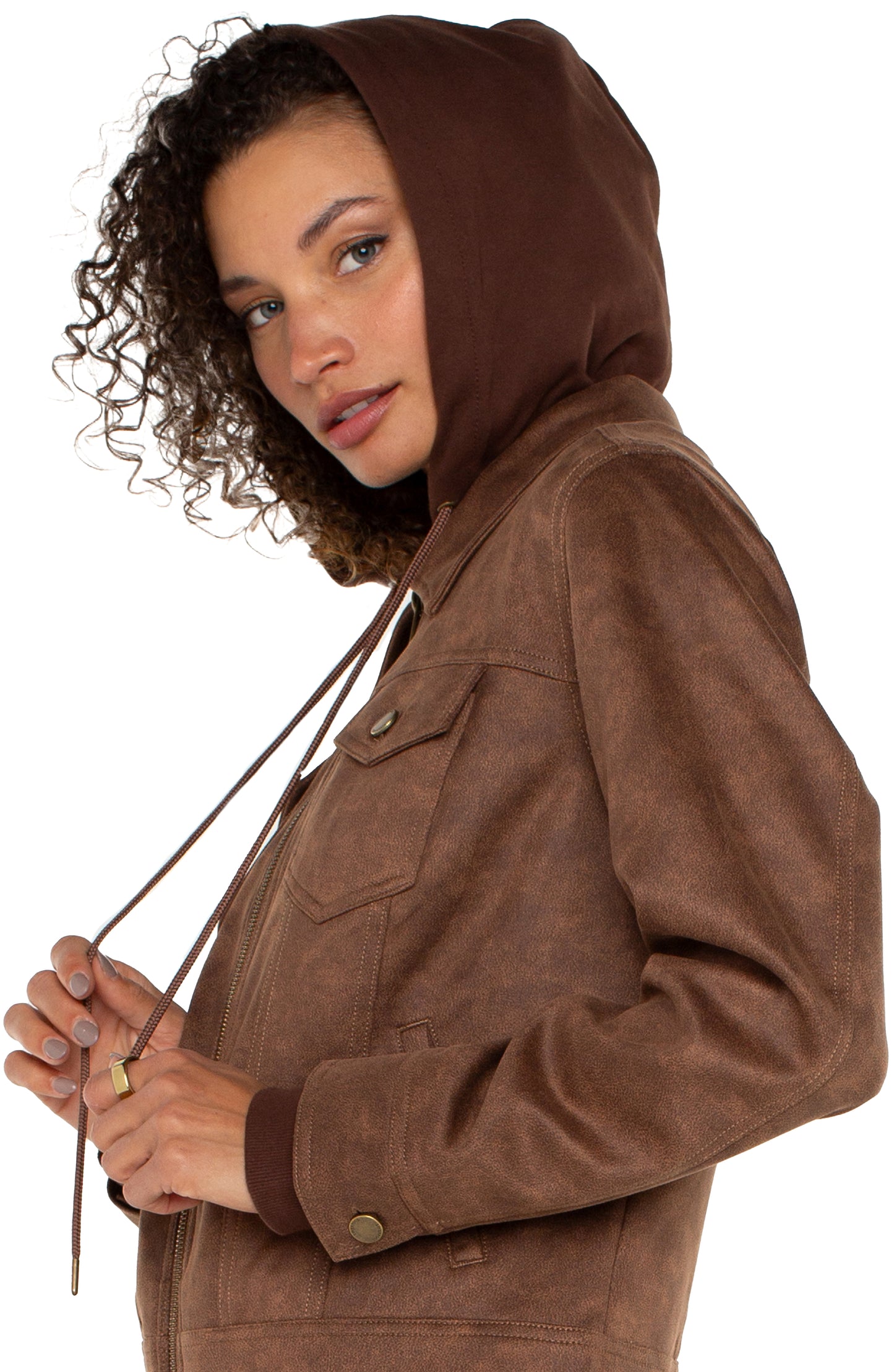 Zip-Up Trucker Jacket with Removable Hood - Vintage Umber