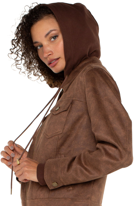 Zip-Up Trucker Jacket with Removable Hood - Vintage Umber