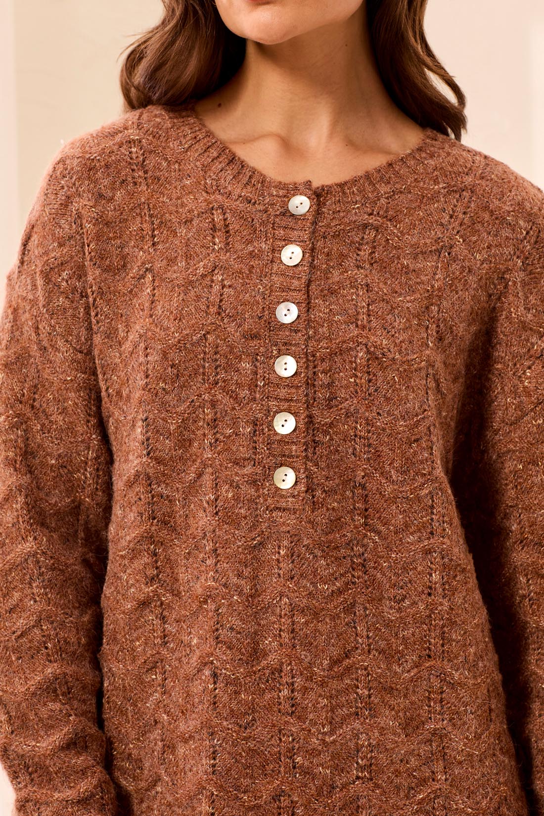 Henley Sweater with Scalloped Hem - Chocolate