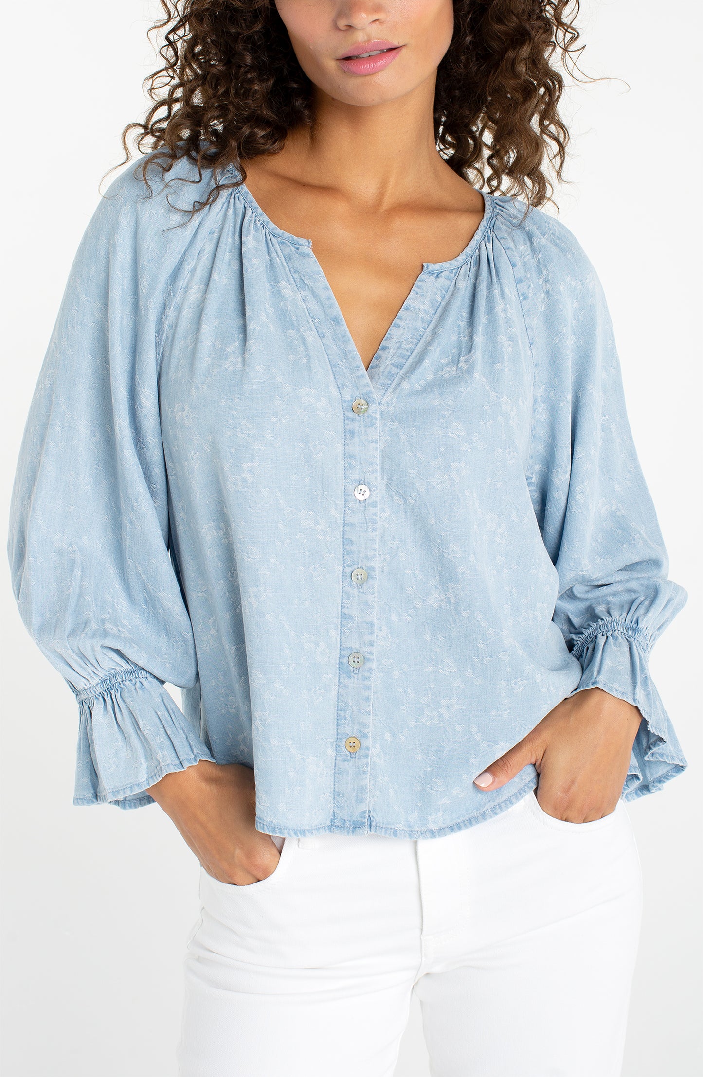 Button Front Top with Shirring - Rose Ice