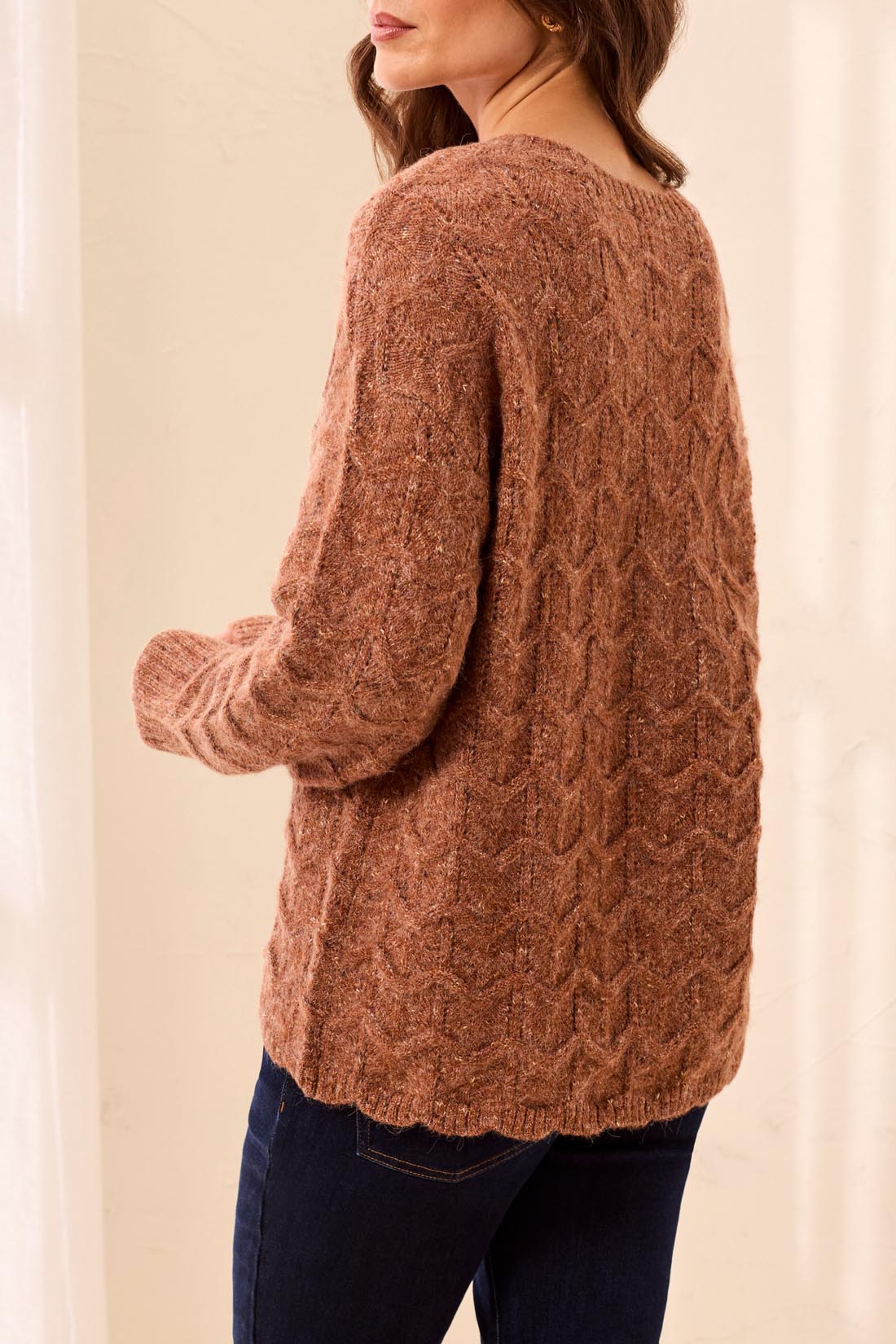 Henley Sweater with Scalloped Hem - Chocolate