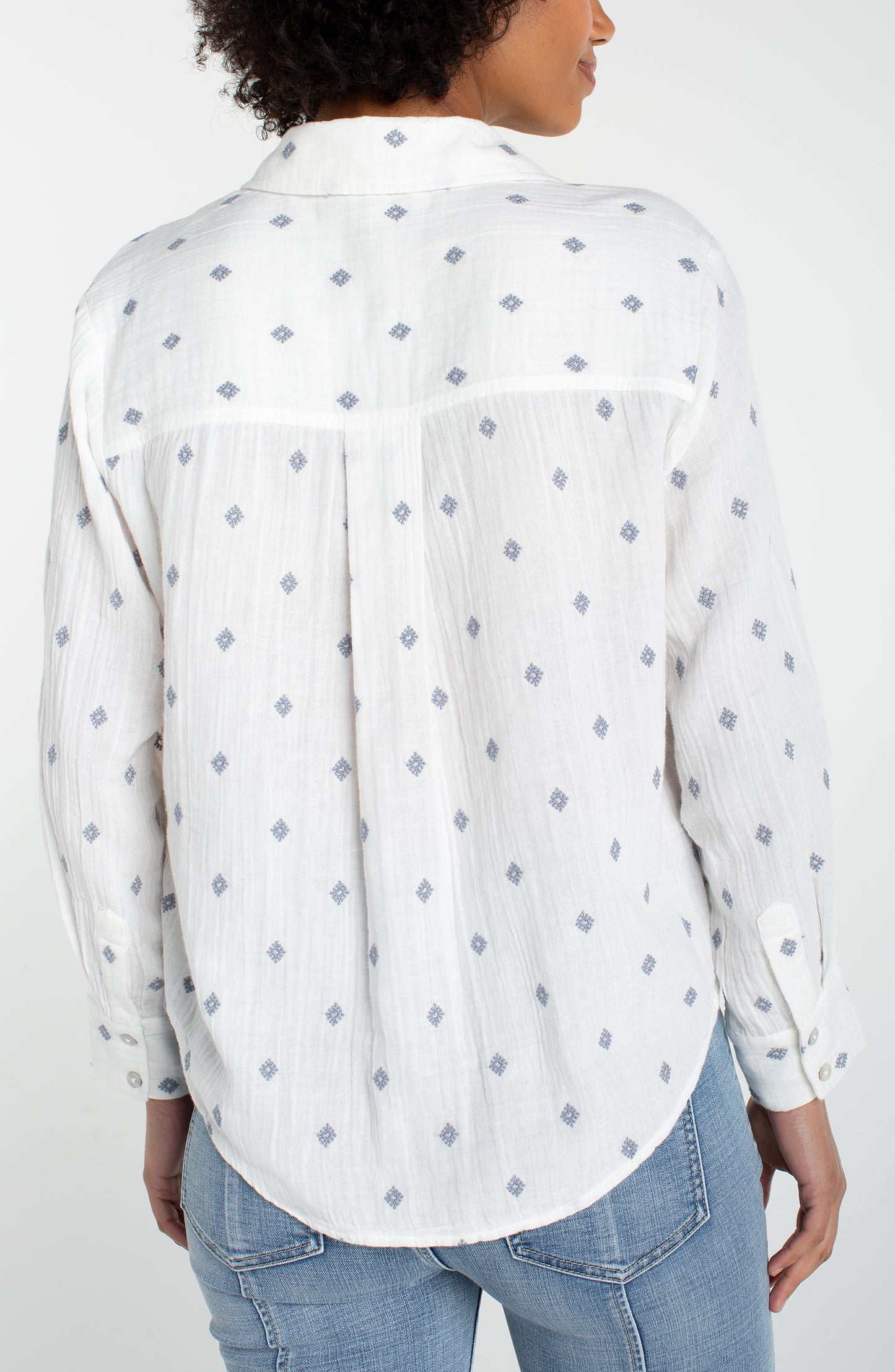 Long Sleeve Button Front Top with High/Low Hem - Off White