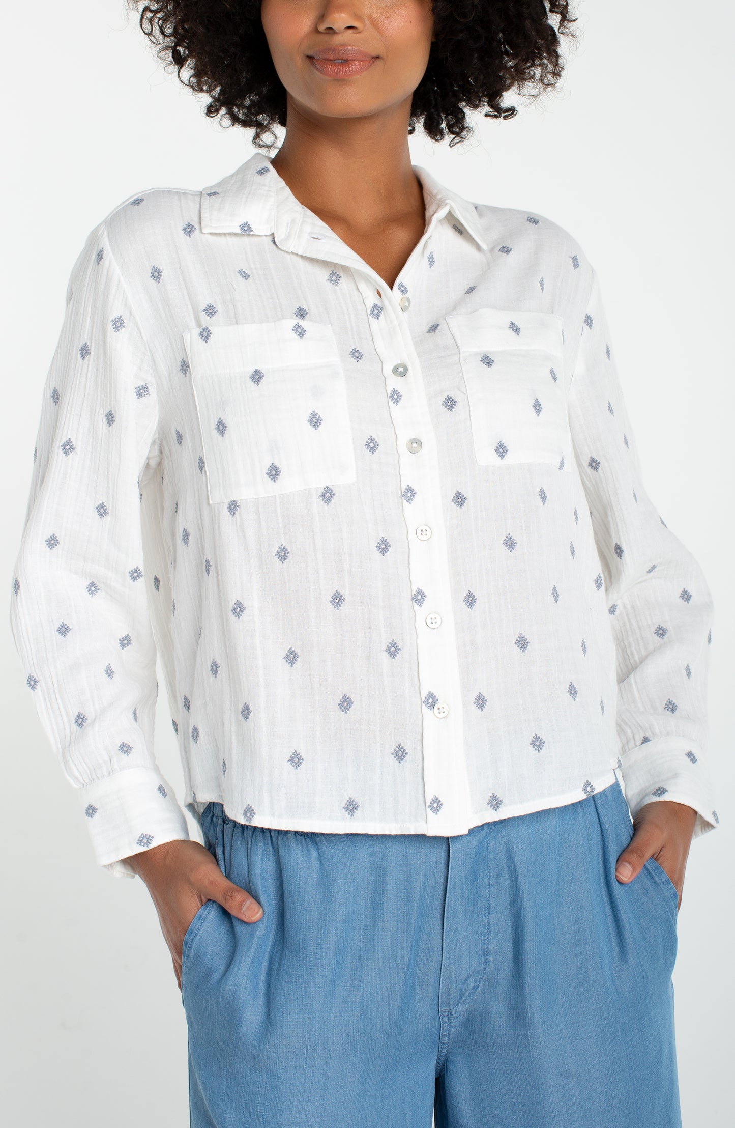 Long Sleeve Button Front Top with High/Low Hem - Off White