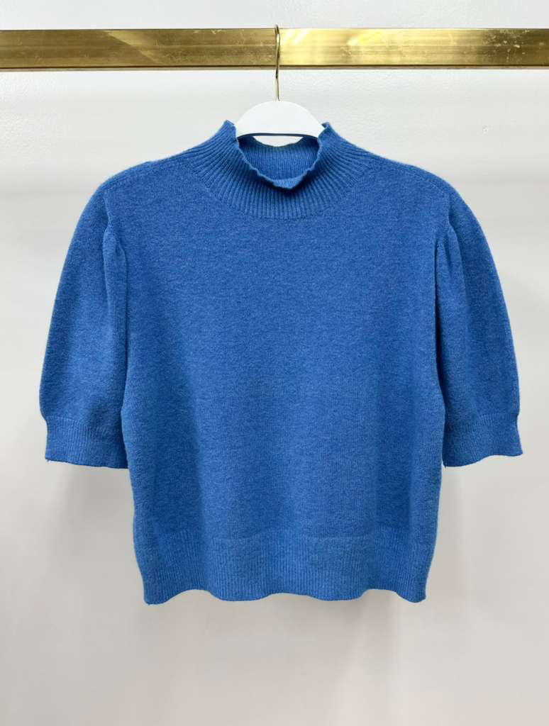 Mock Neck Short Sleeved Top with Bubble Sleeves - Ocean Blue