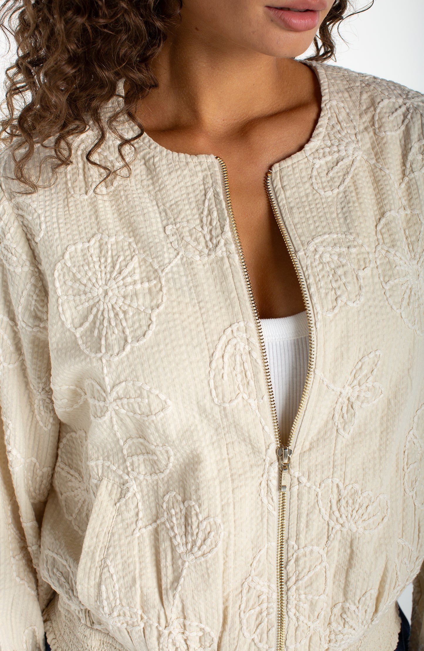 Collarless Bomber Jacket with Smocking - Pale Sand