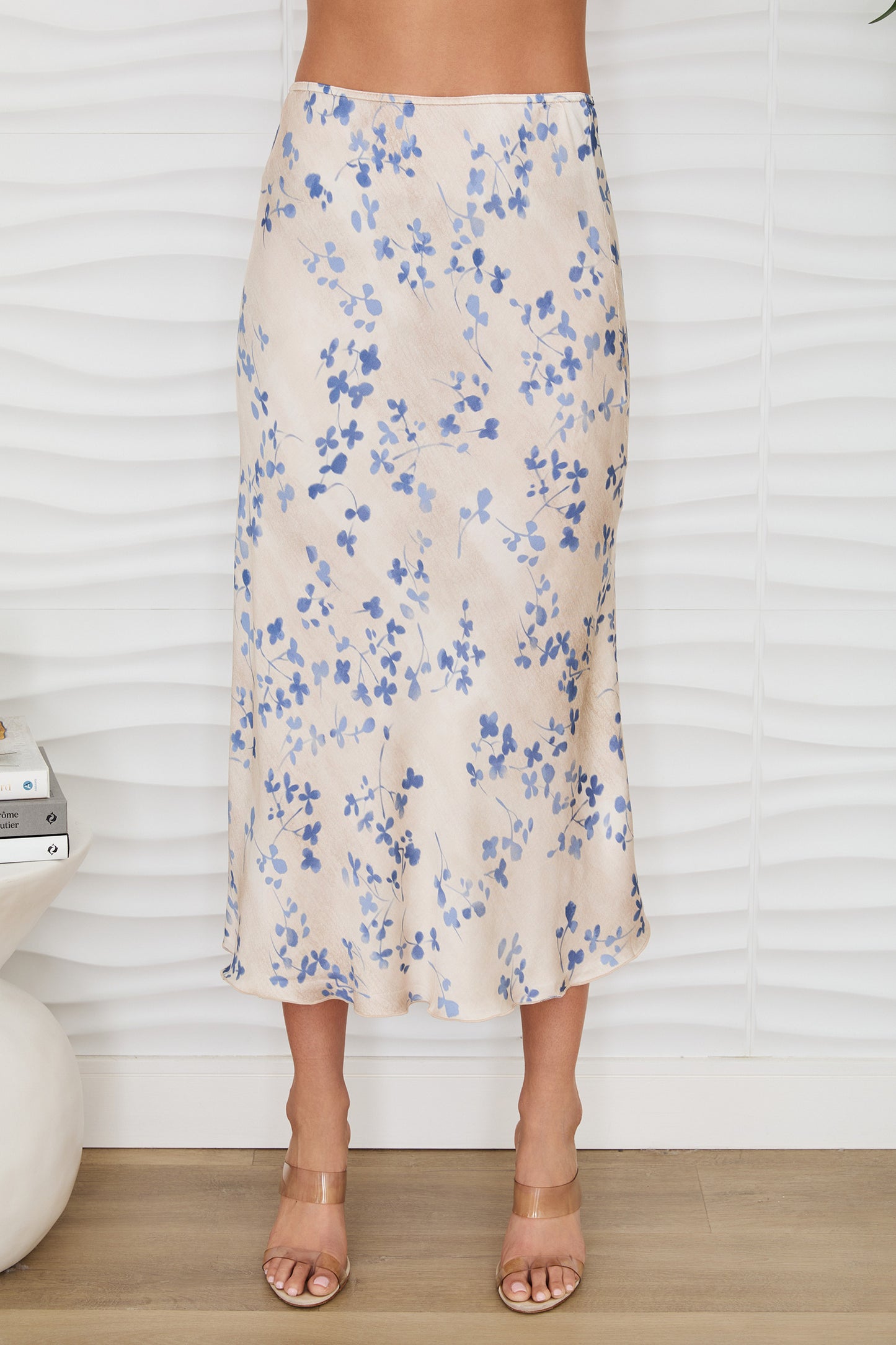 Clover Floral Leaf Silky Maxi Skirt - Blue