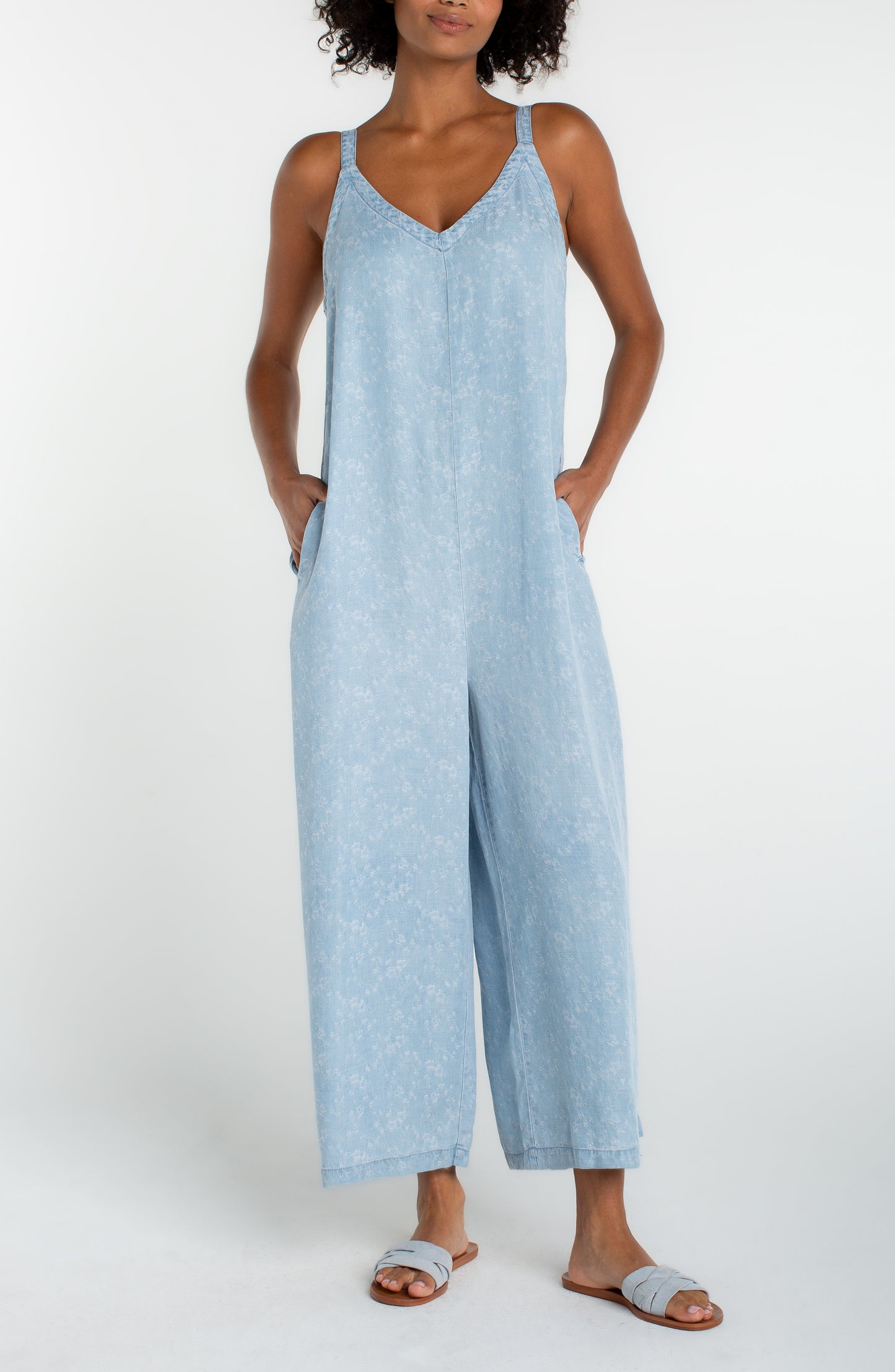 Wide Leg Cropped Jumpsuit with Adjustable Straps - Rose Ice