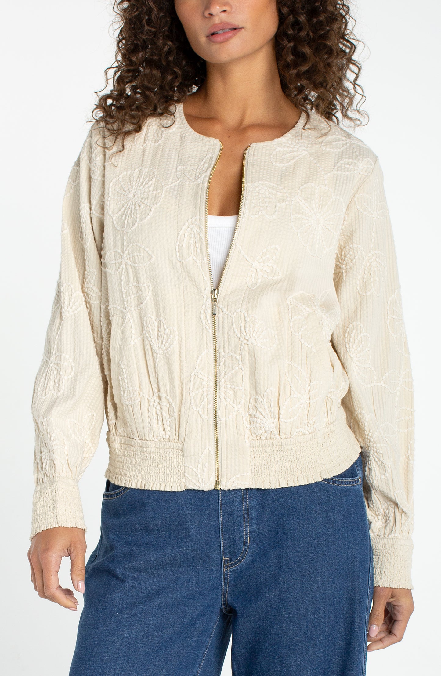 Collarless Bomber Jacket with Smocking - Pale Sand