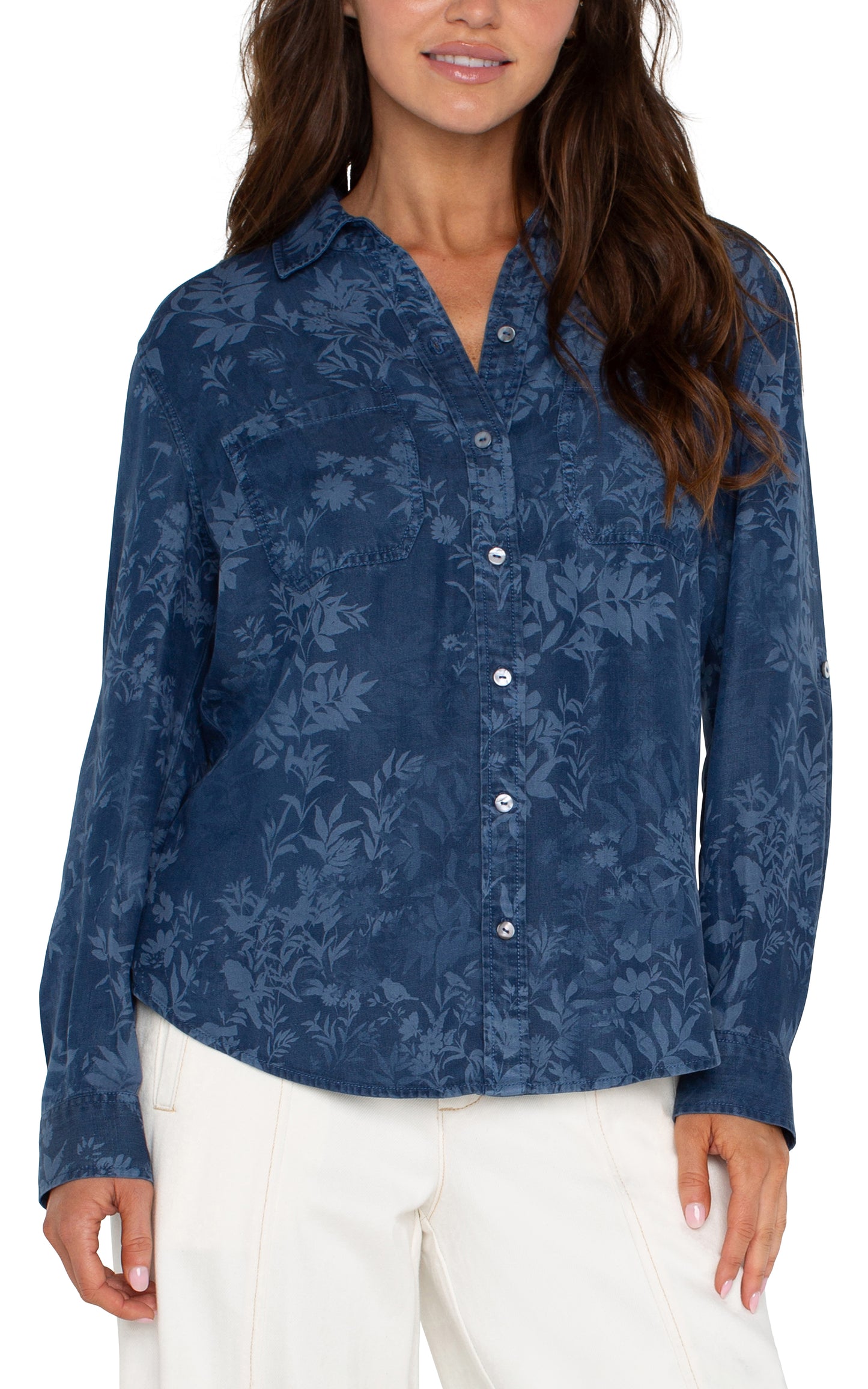 Long Sleeve Button Down Top - Indigo Floral