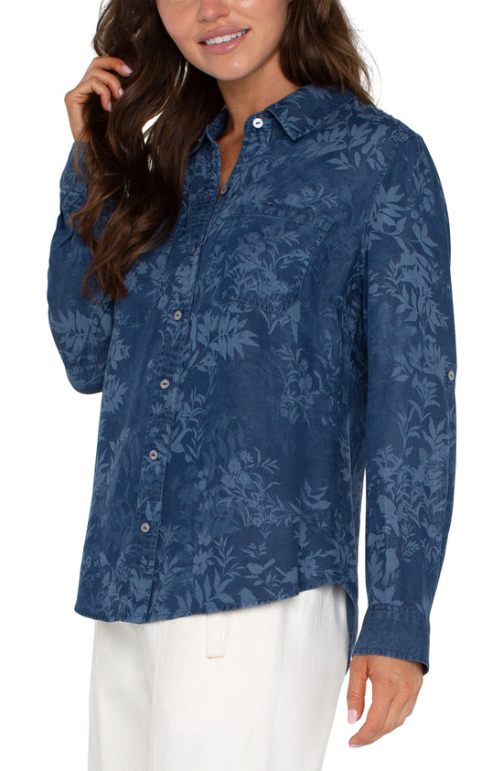 Long Sleeve Button Down Top - Indigo Floral