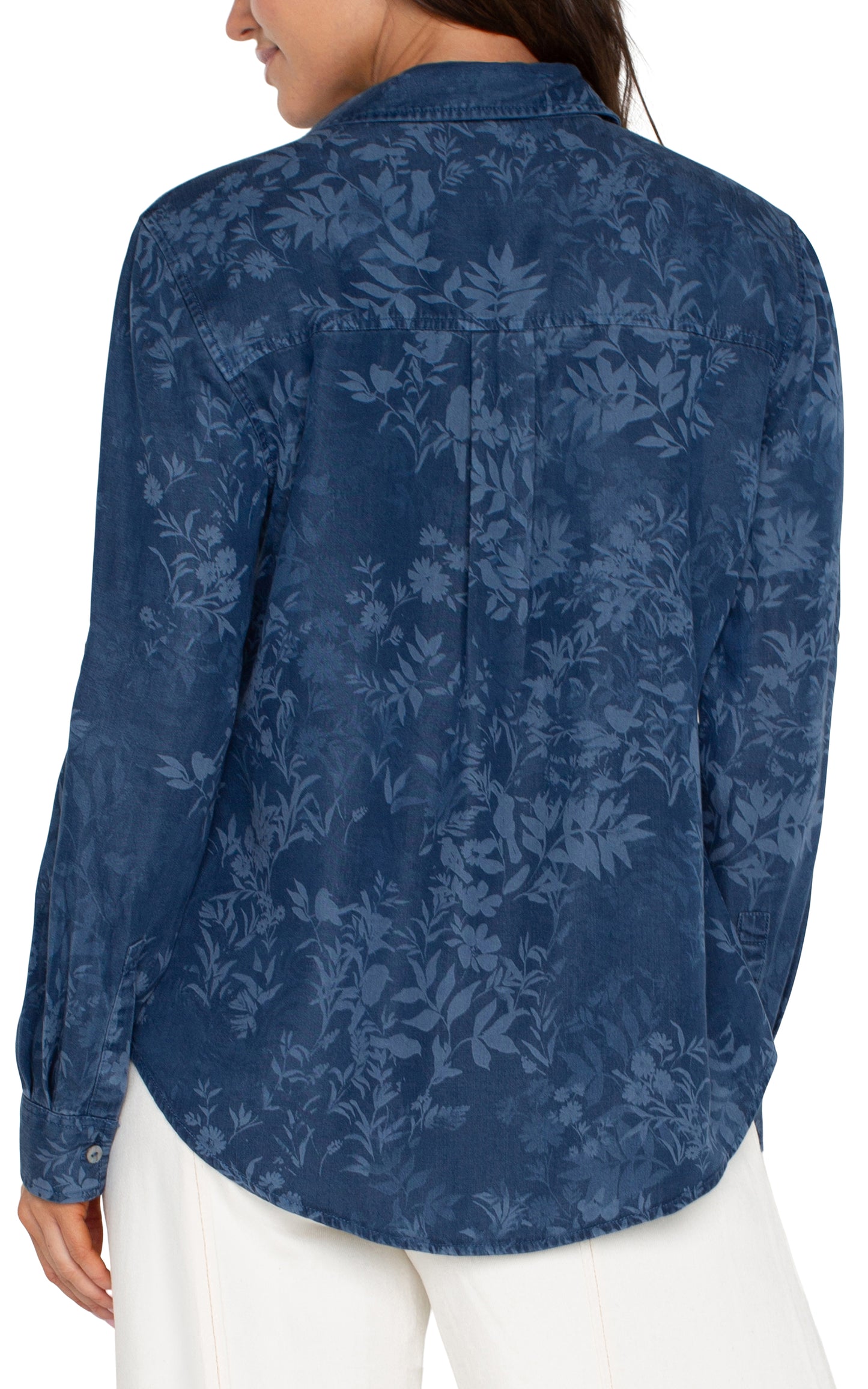 Long Sleeve Button Down Top - Indigo Floral