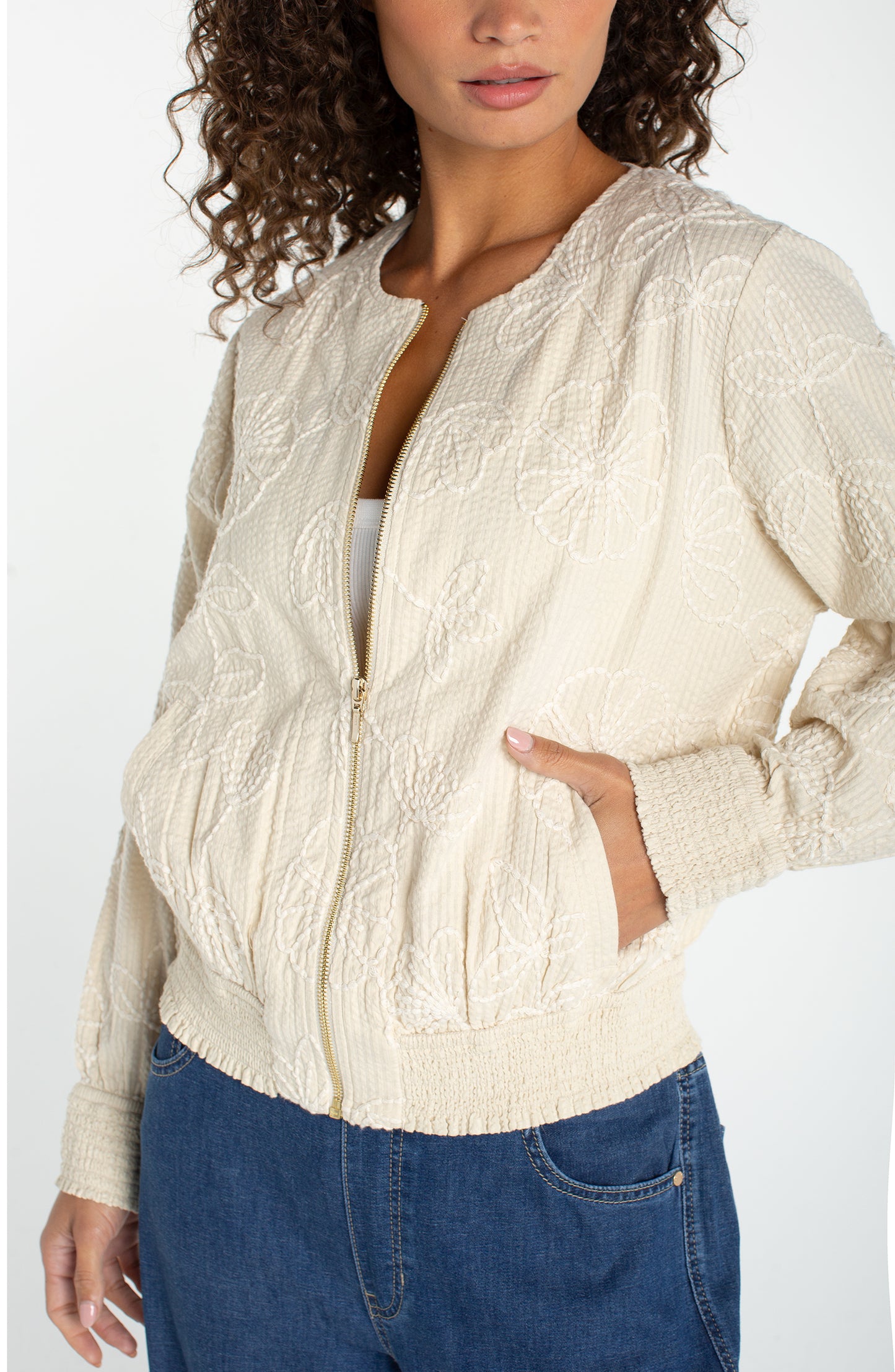 Collarless Bomber Jacket with Smocking - Pale Sand