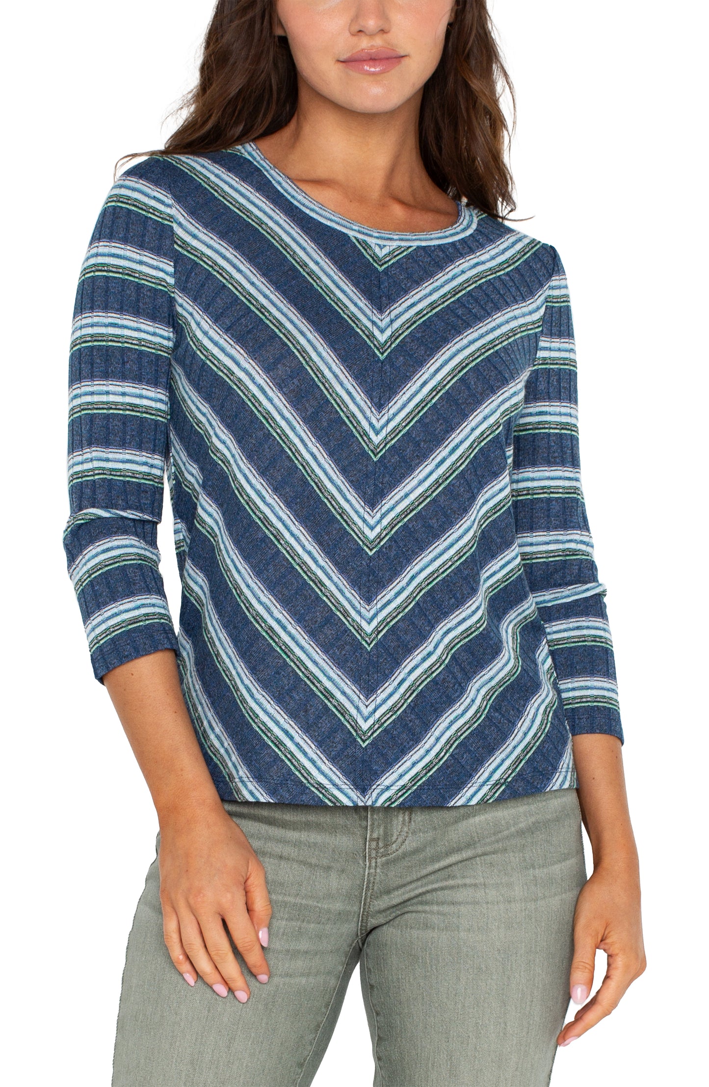 Miter Front Scoop Neck Tee with 3/4 Sleeves - Blue/Teal