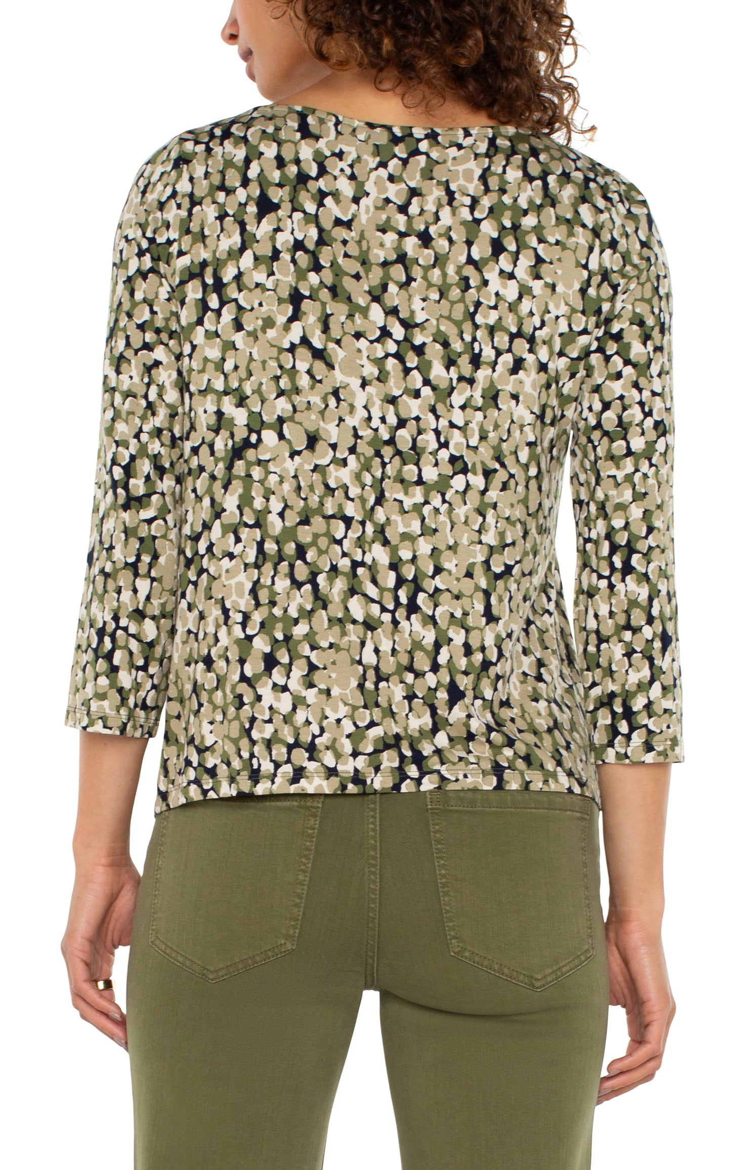 Drape Neck Top with 3/4 Sleeves - Olive Camo Dot