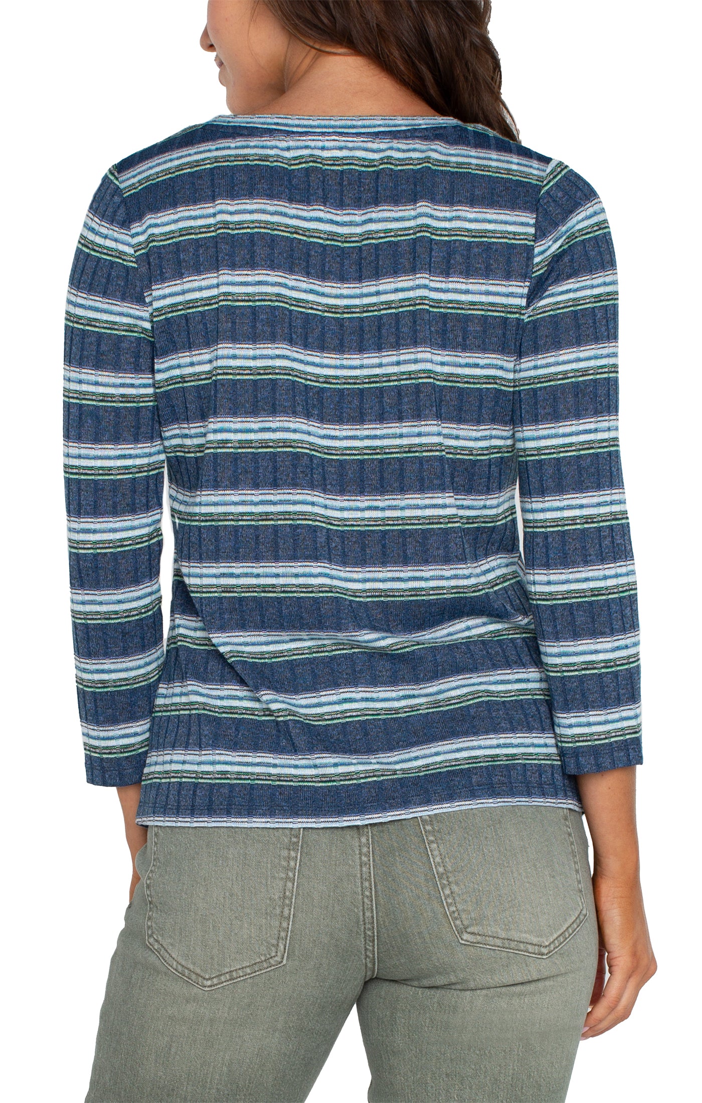 Miter Front Scoop Neck Tee with 3/4 Sleeves - Blue/Teal