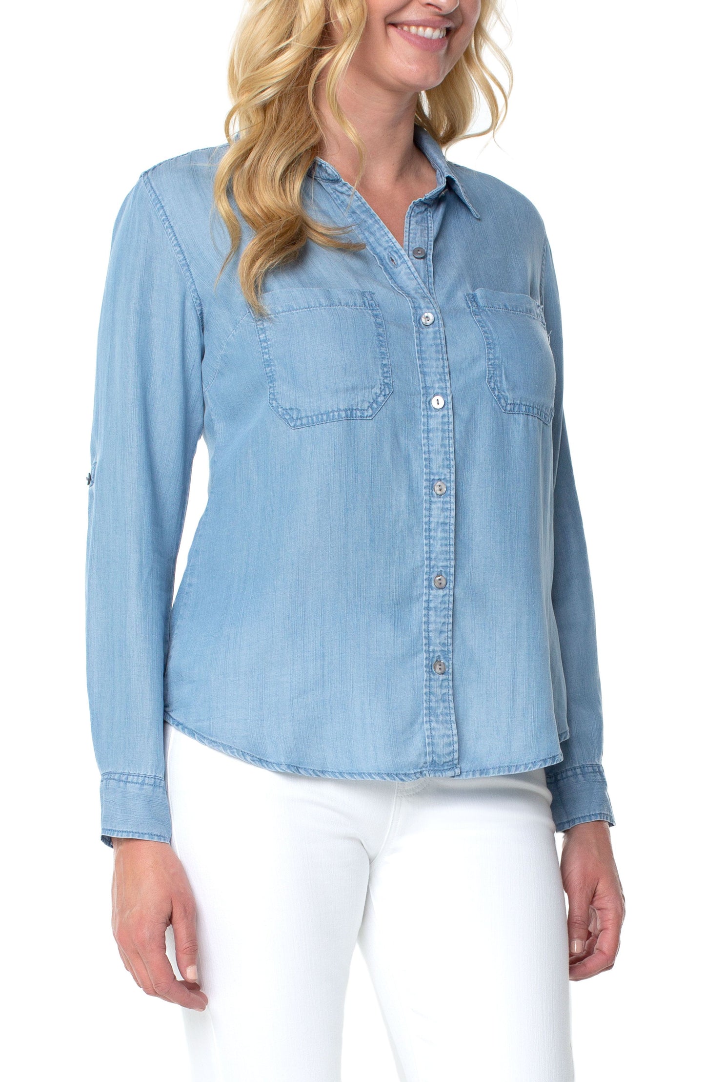 Rolled Sleeve Button Down Top - Malibu Light