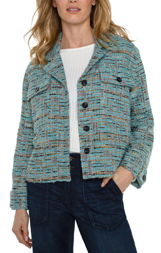 Button Front Boxy Shacket - Ocean Boucle