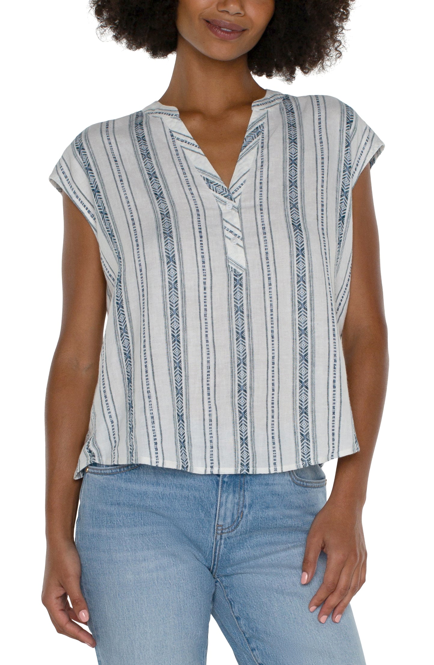 Short Sleeved Striped Top with Placket