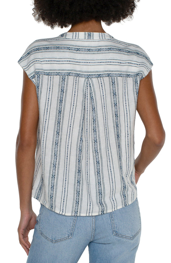 Short Sleeved Striped Top with Placket