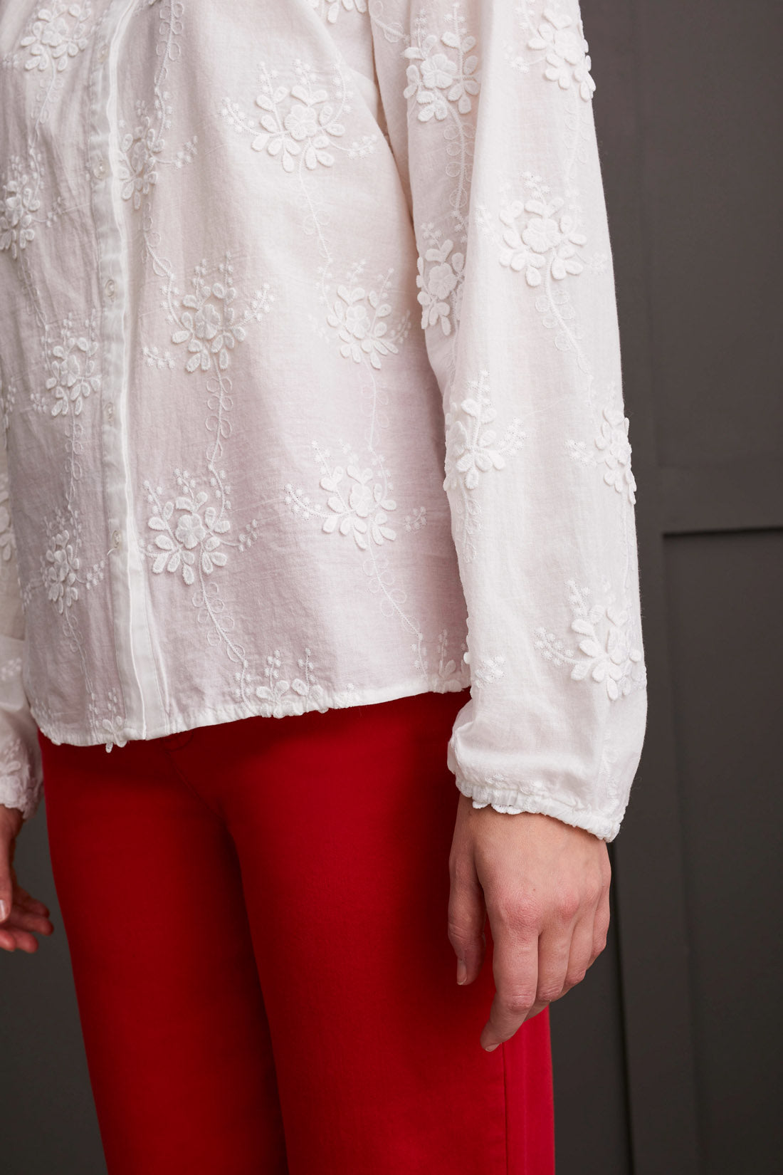 Long Sleeve Top with Embroidery - White