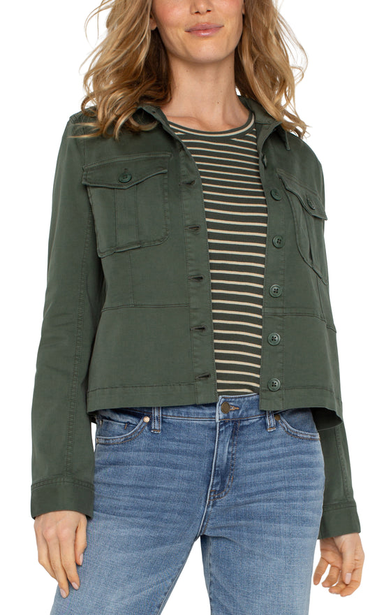 Trucker Jacket with Peplum Hem - Moss Green