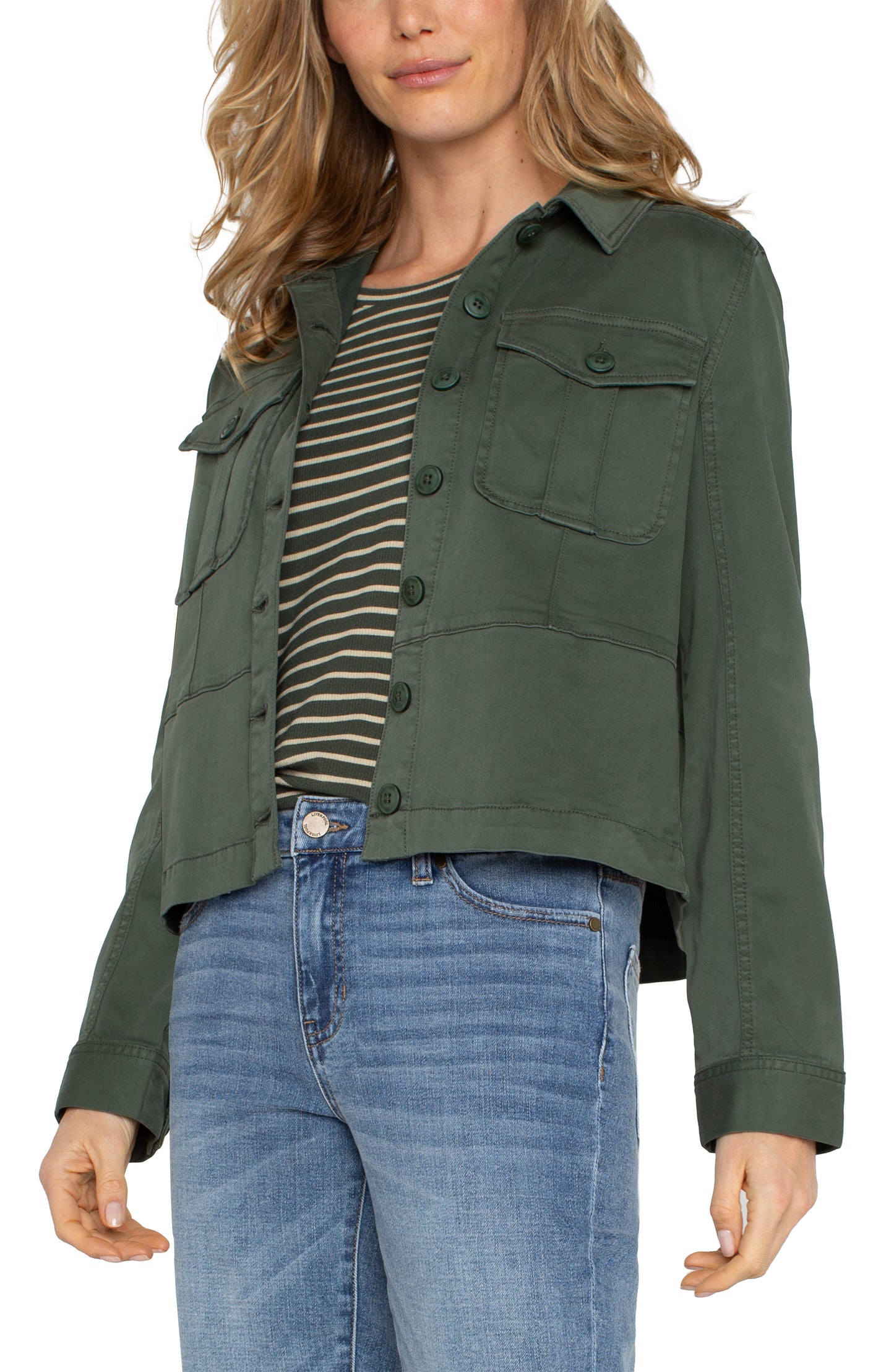 Trucker Jacket with Peplum Hem - Moss Green