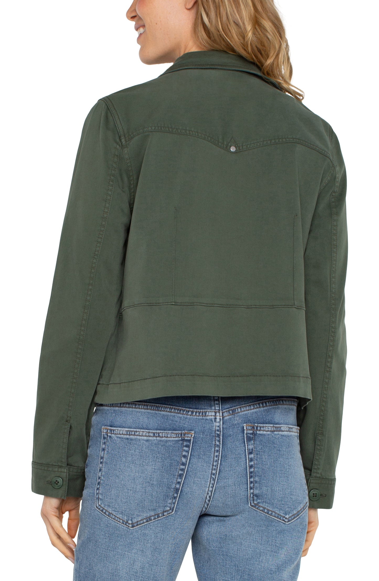 Trucker Jacket with Peplum Hem - Moss Green