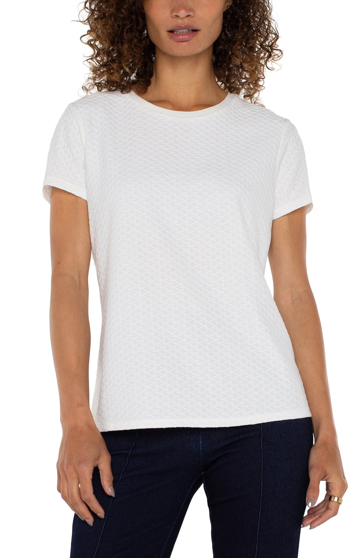 Short Sleeve Crew Neck Tee with Ribbed Trim - White