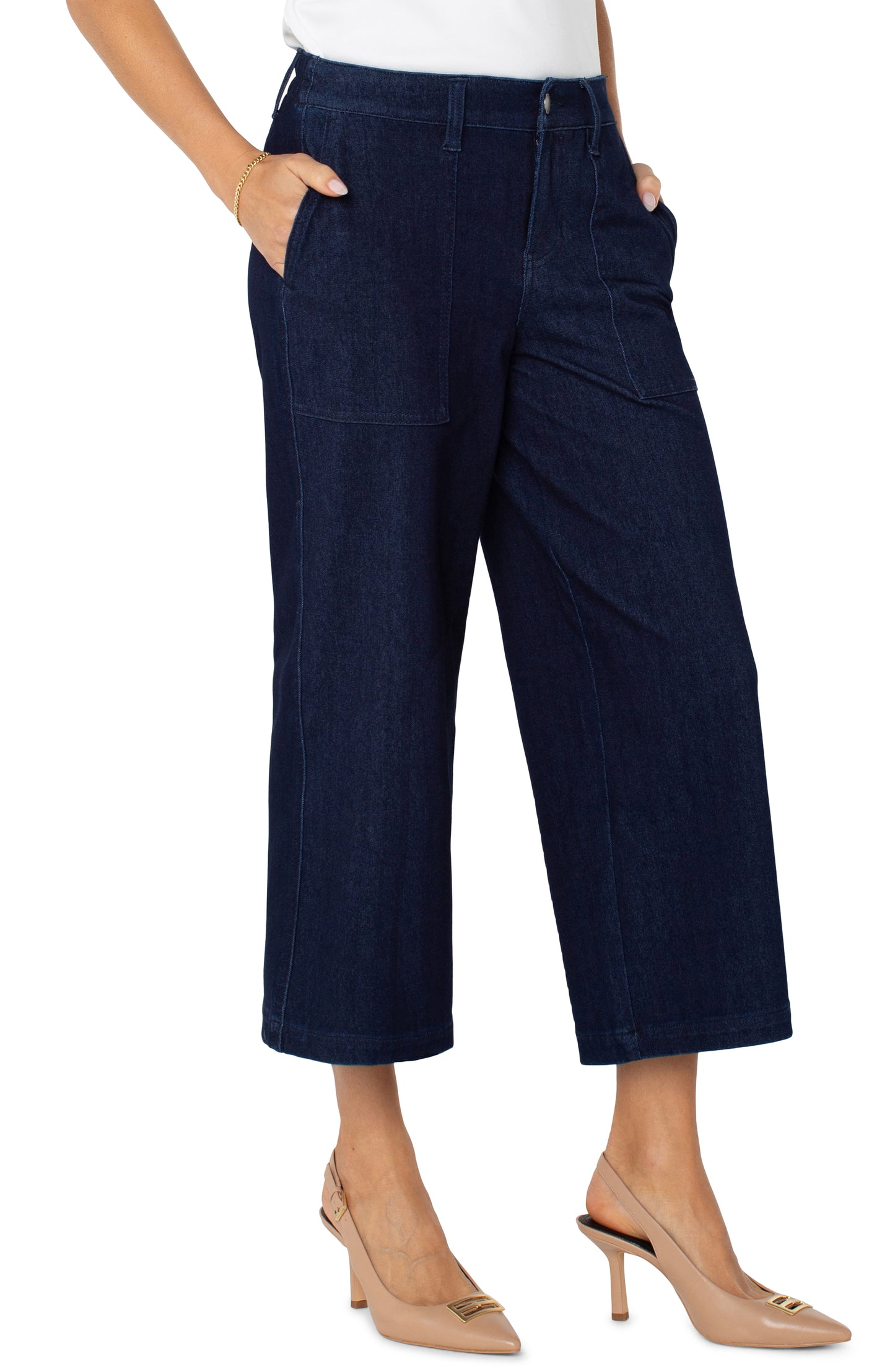 Wide Leg Cargo Pants with Elastic Back - Indigo Rinse
