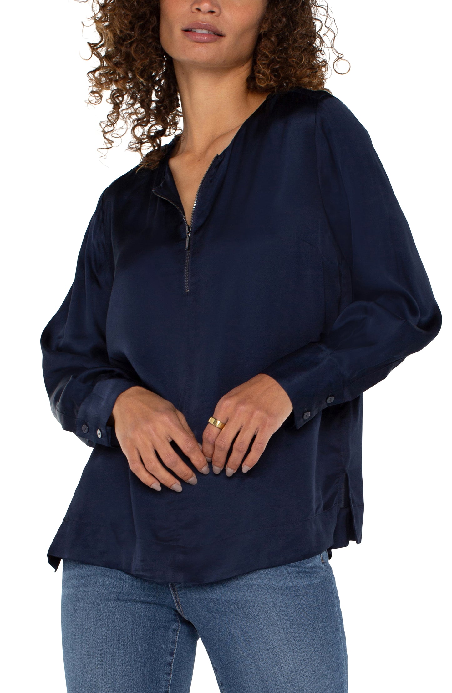 Long Sleeve Top with Zip Front - Dark Navy