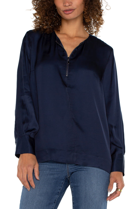 Long Sleeve Top with Zip Front - Dark Navy