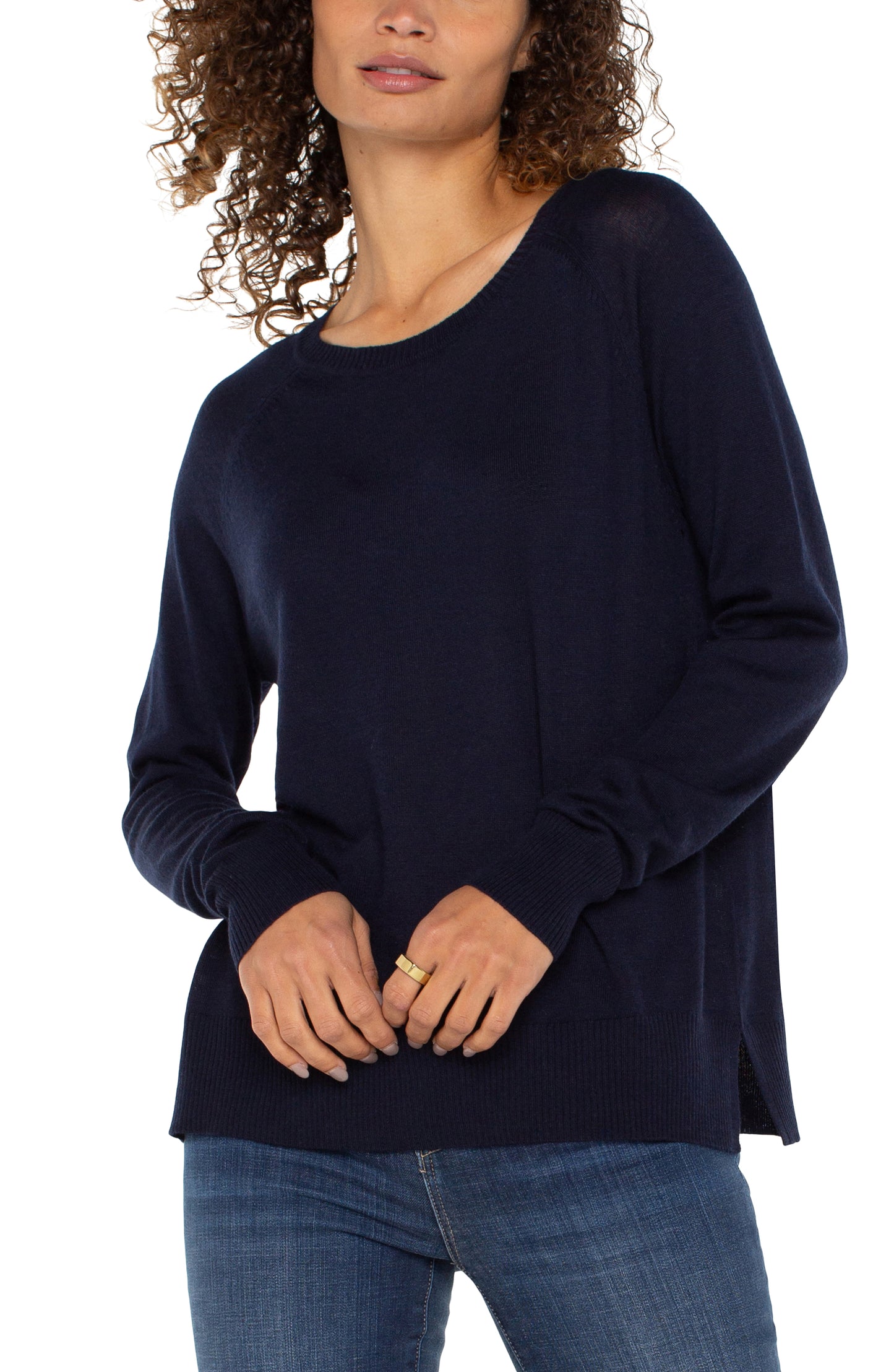 Long Sleeve Raglan Sweater with Side Slits - Dark Navy
