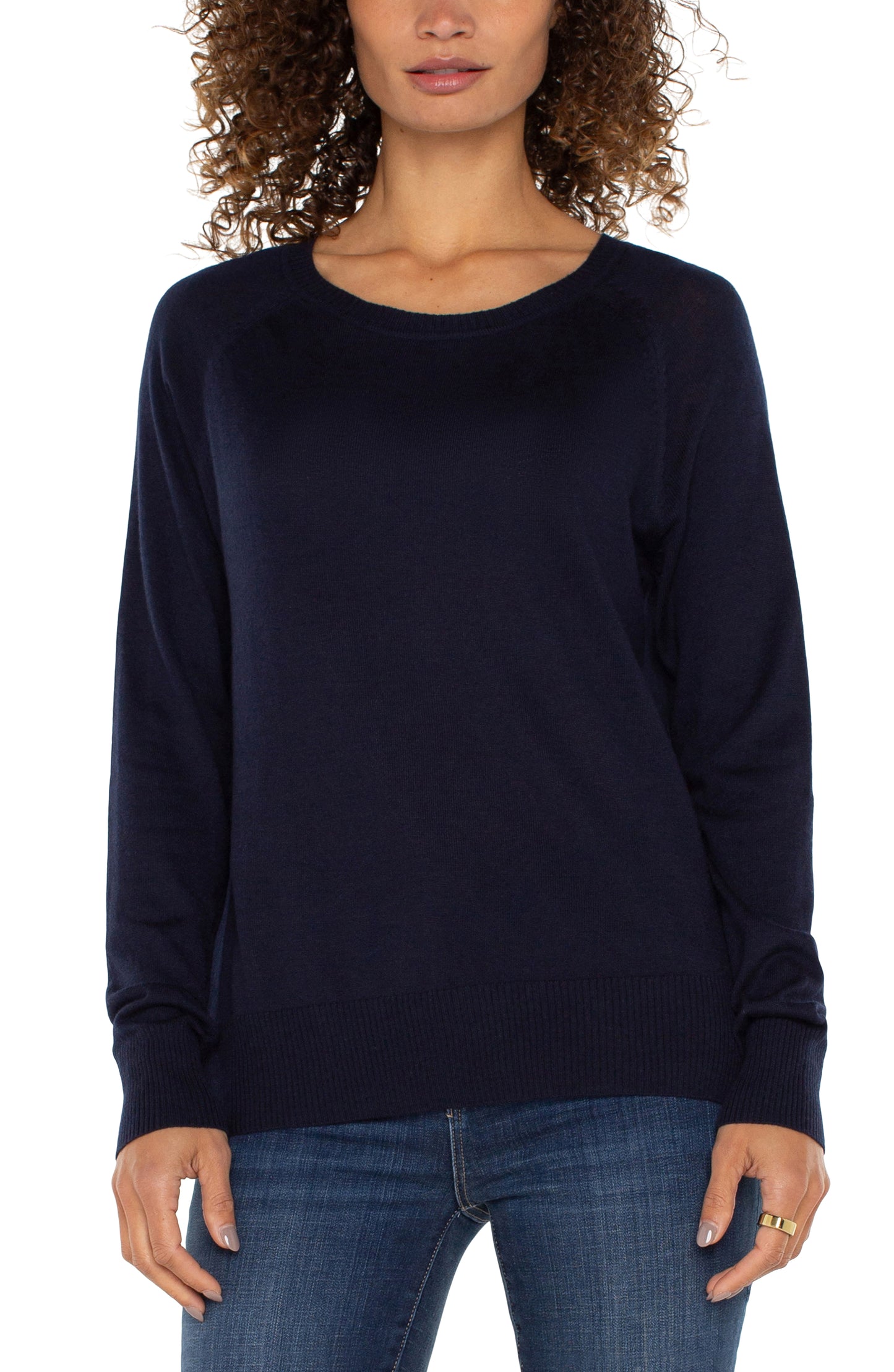 Long Sleeve Raglan Sweater with Side Slits - Dark Navy