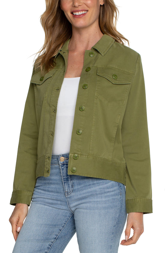 Trucker Jacket with Elastic Back Waist - Eucalyptus