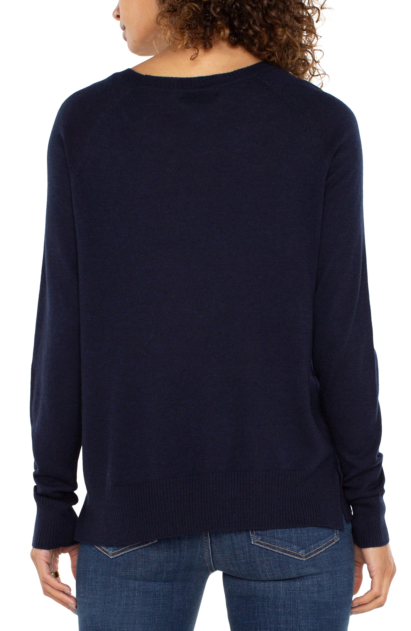 Long Sleeve Raglan Sweater with Side Slits - Dark Navy