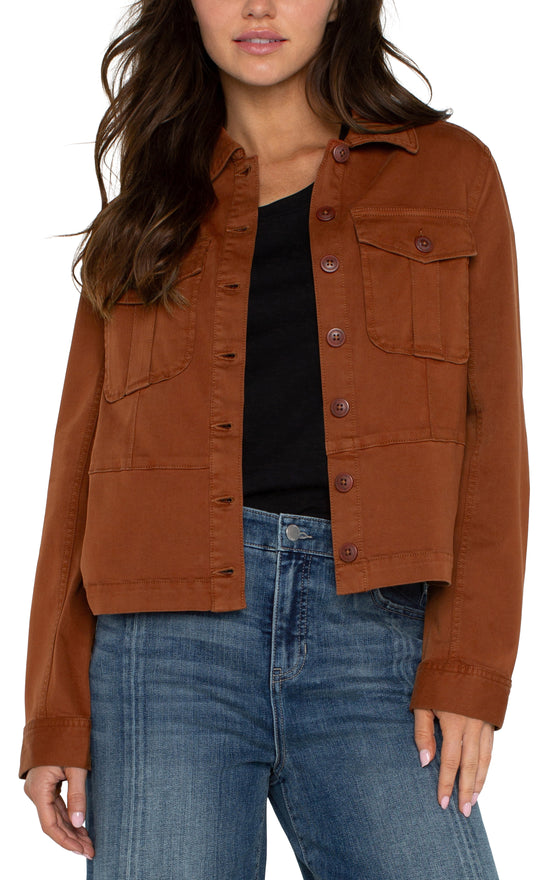 Trucker Jacket with Peplum Hem - Burlywood