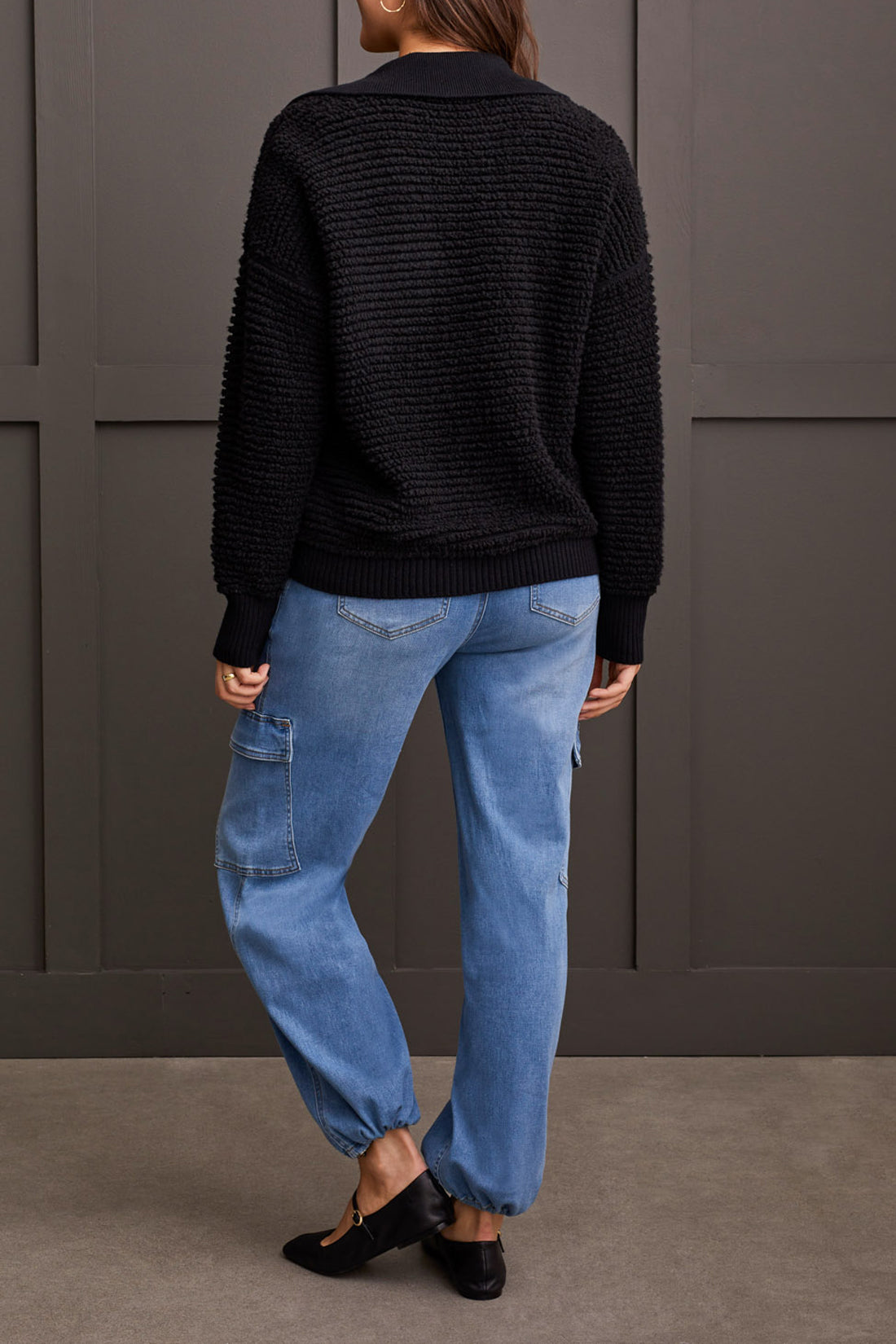 Oversized Polo Sweater with Dropped Shoulders - Black