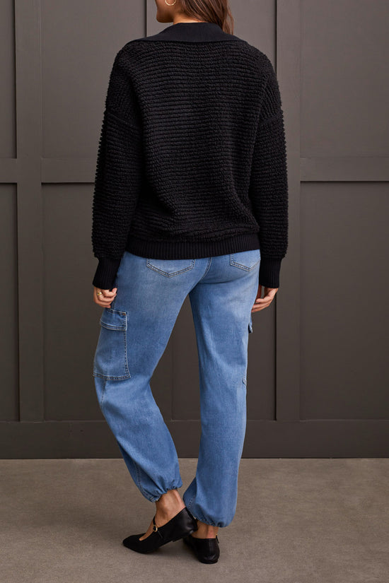 Oversized Polo Sweater with Dropped Shoulders - Black