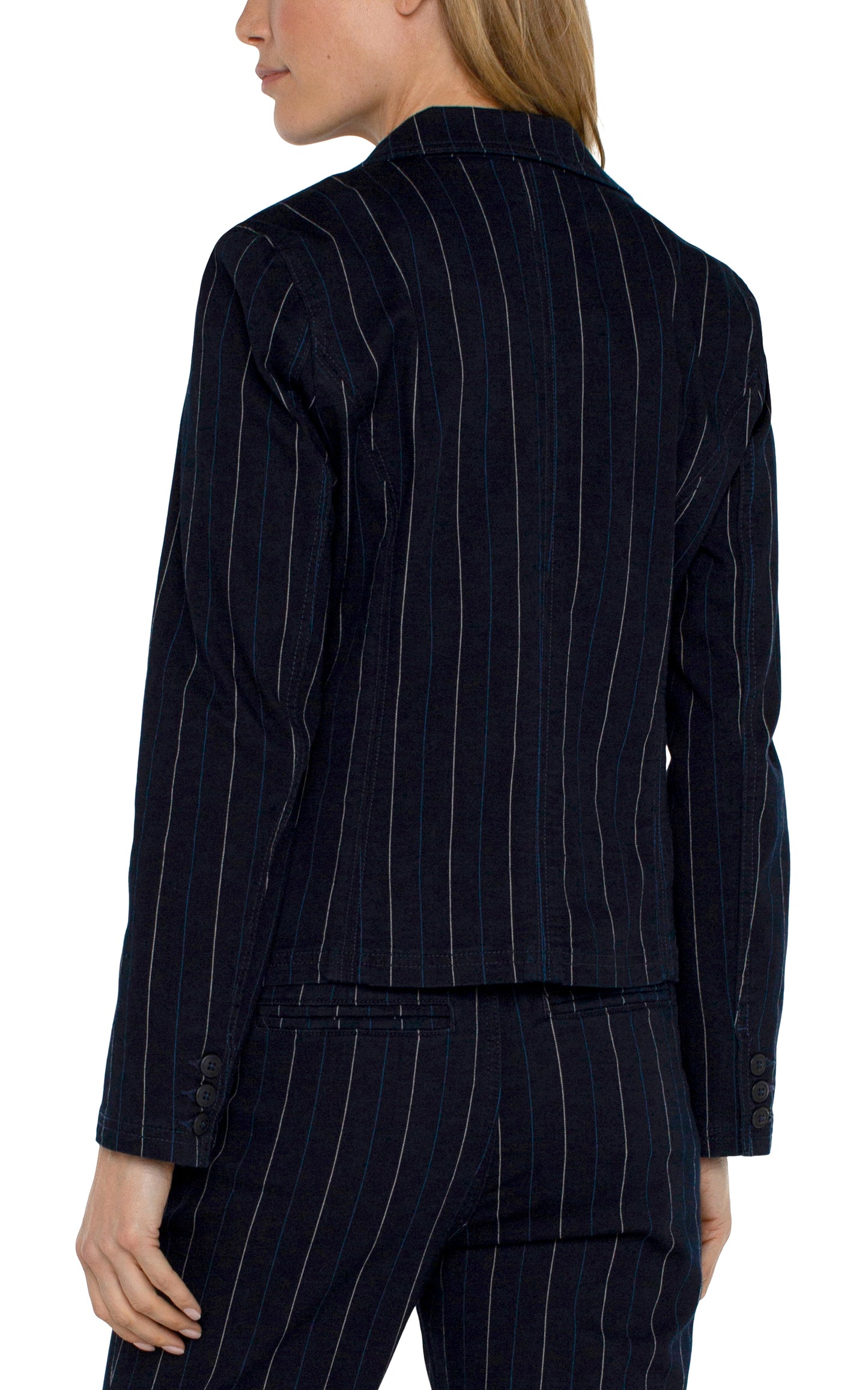 One Button Blazer with Notch Collar - Lapis Indigo Stripe