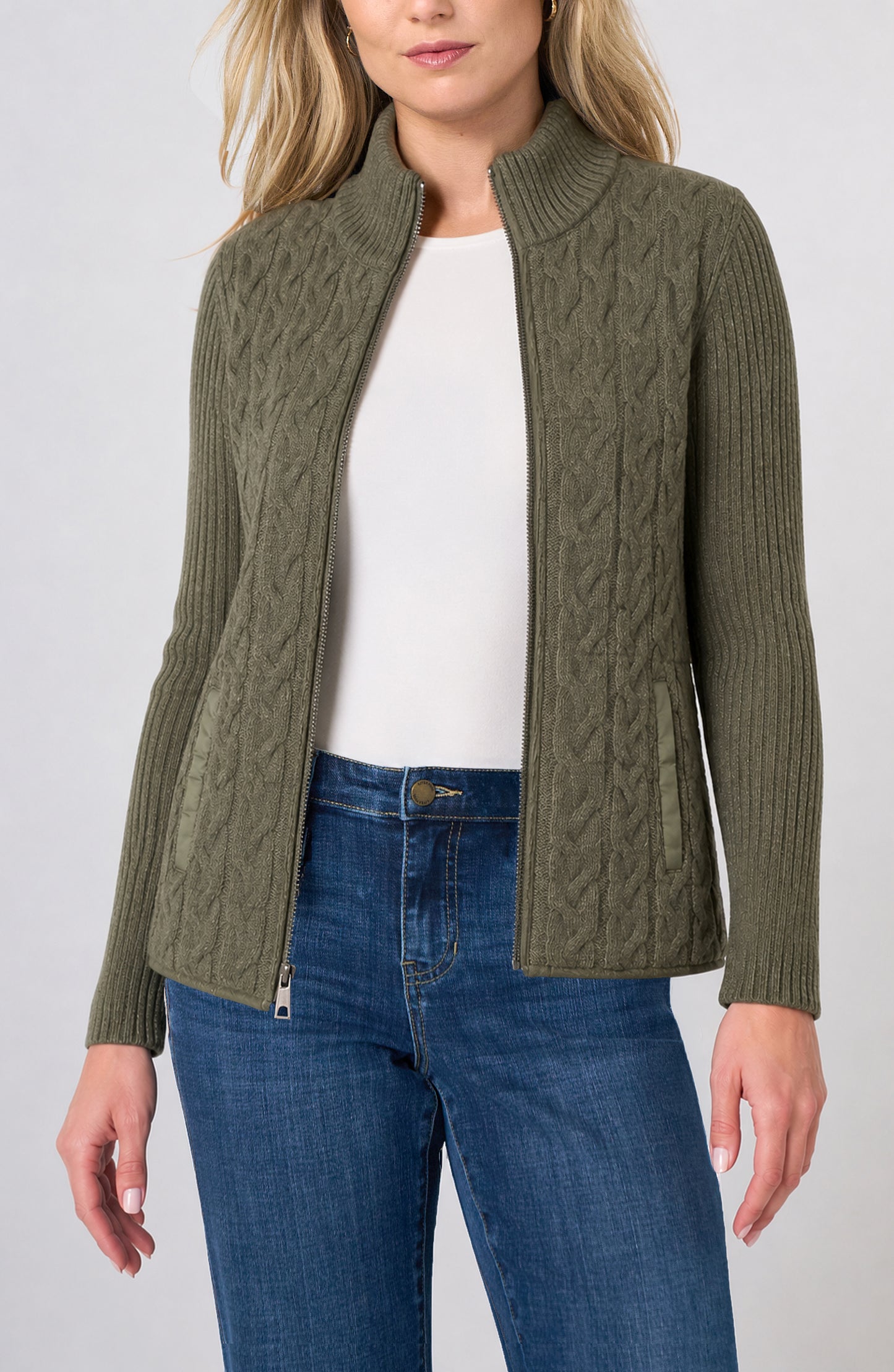 Zip Front Quilted Sweater Jacket - Heather Olive