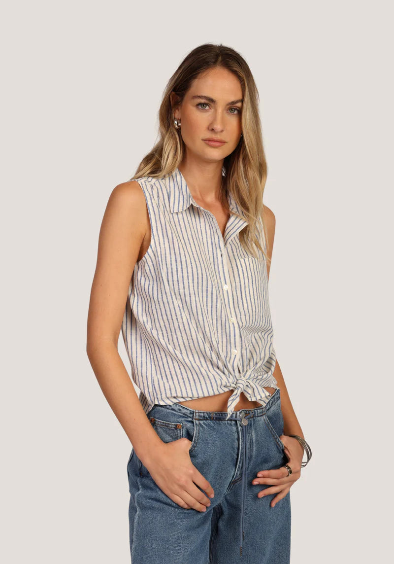 Whitney Sleeveless Tie Front Top - White/Blue
