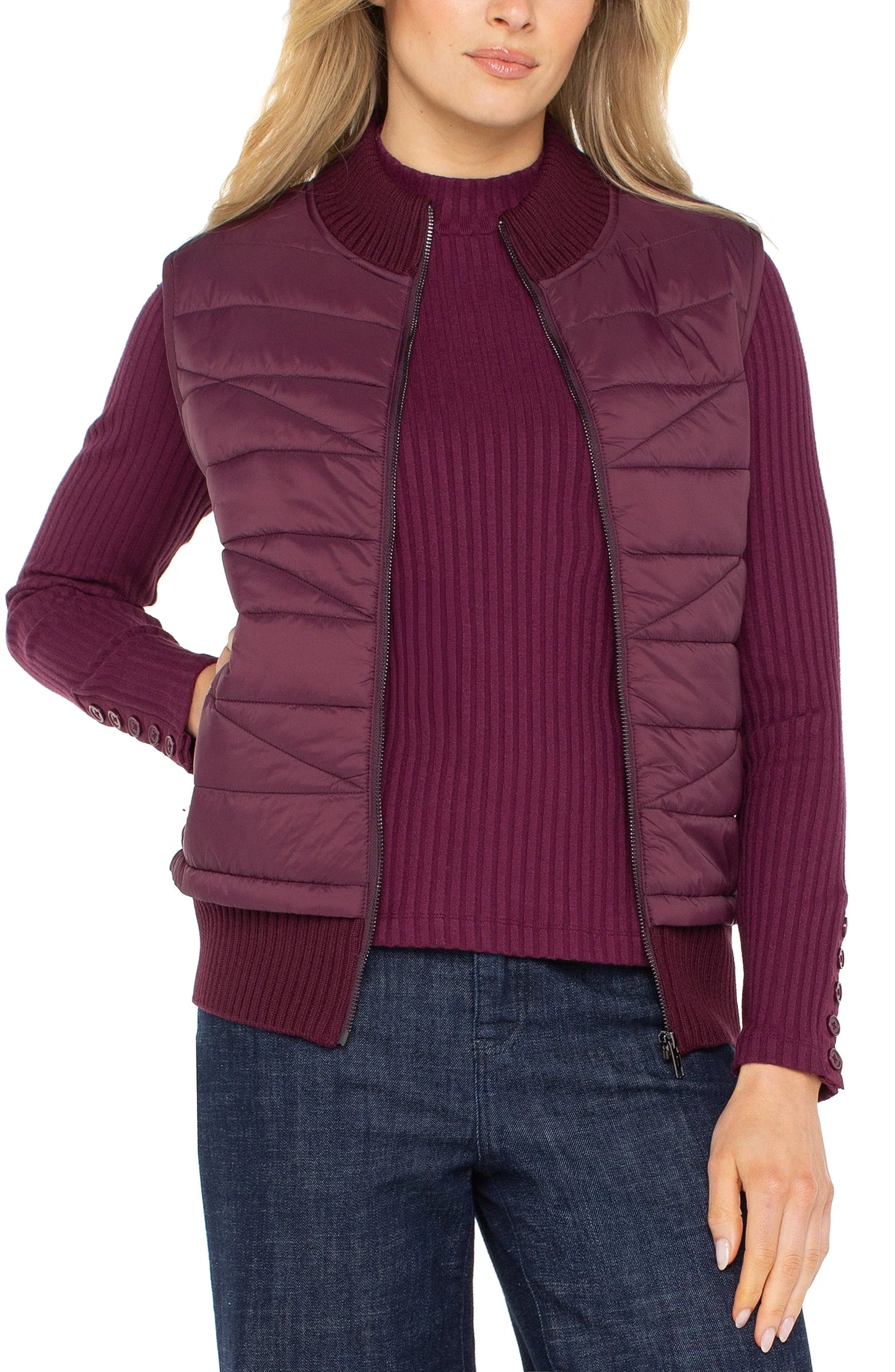 Quilted Front Sweater Vest - Wine Berry