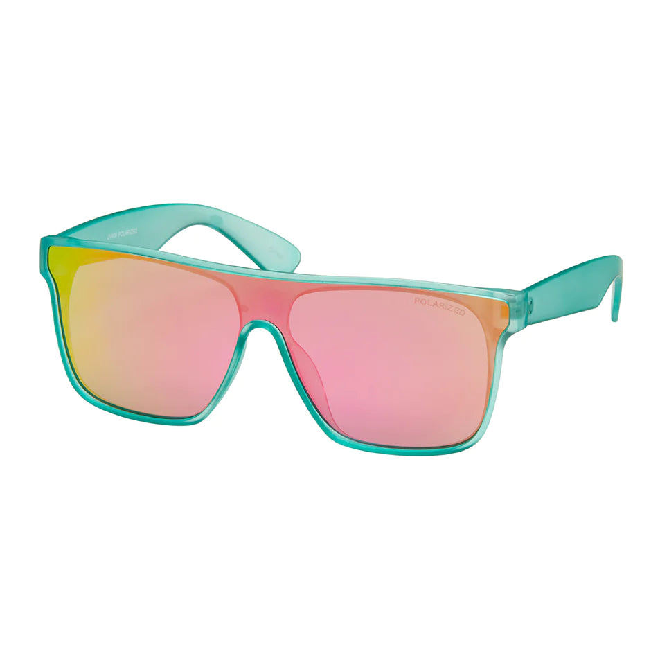 Wrap Mirror Color Lens Sunglasses - Turquoise with Pink Lens