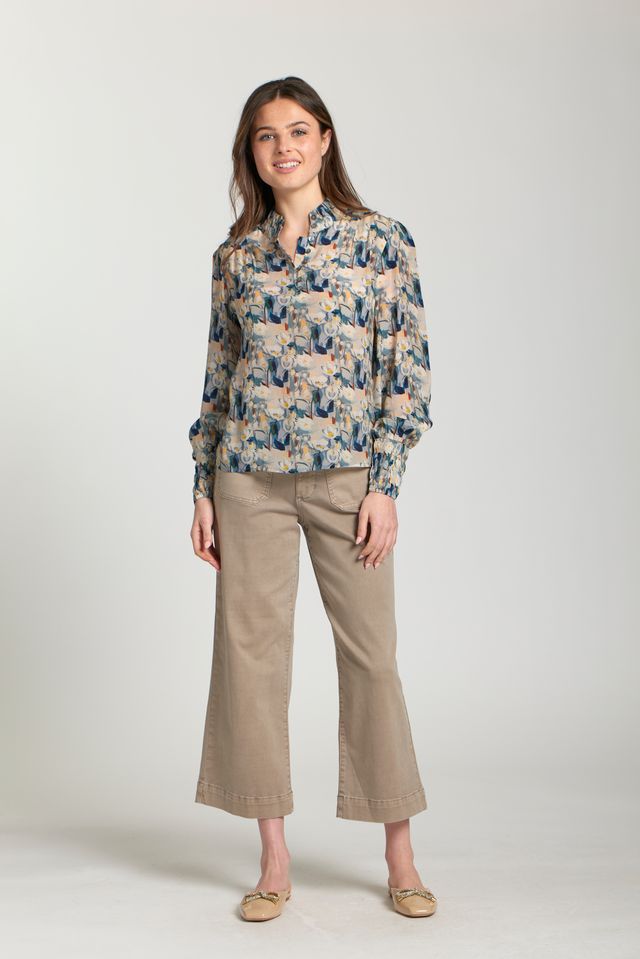 Long Sleeve Top with Stand Up Collar - Steel Blue