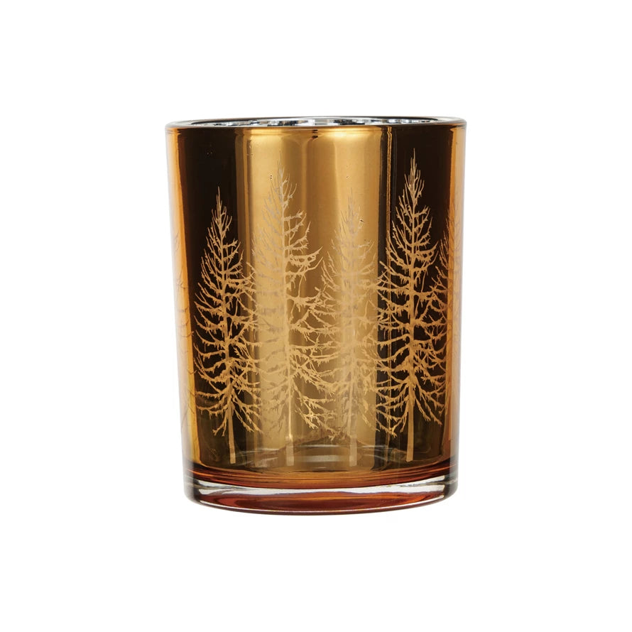 Mercury Glass Tealight/Votie Holder With Etched Trees