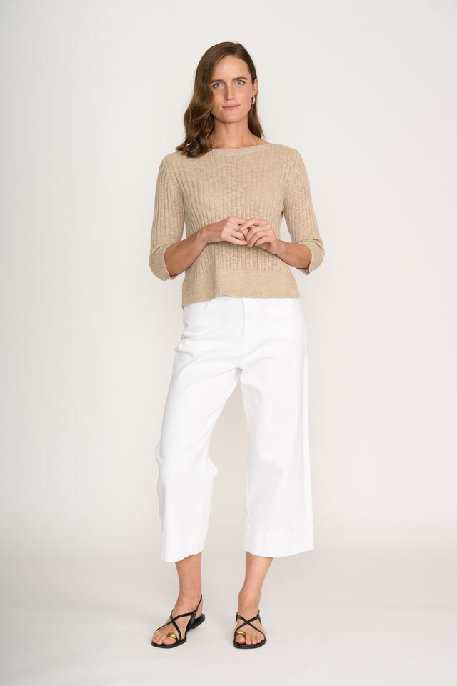Boat Neck Sweater with 3/4 Sleeves - Sand
