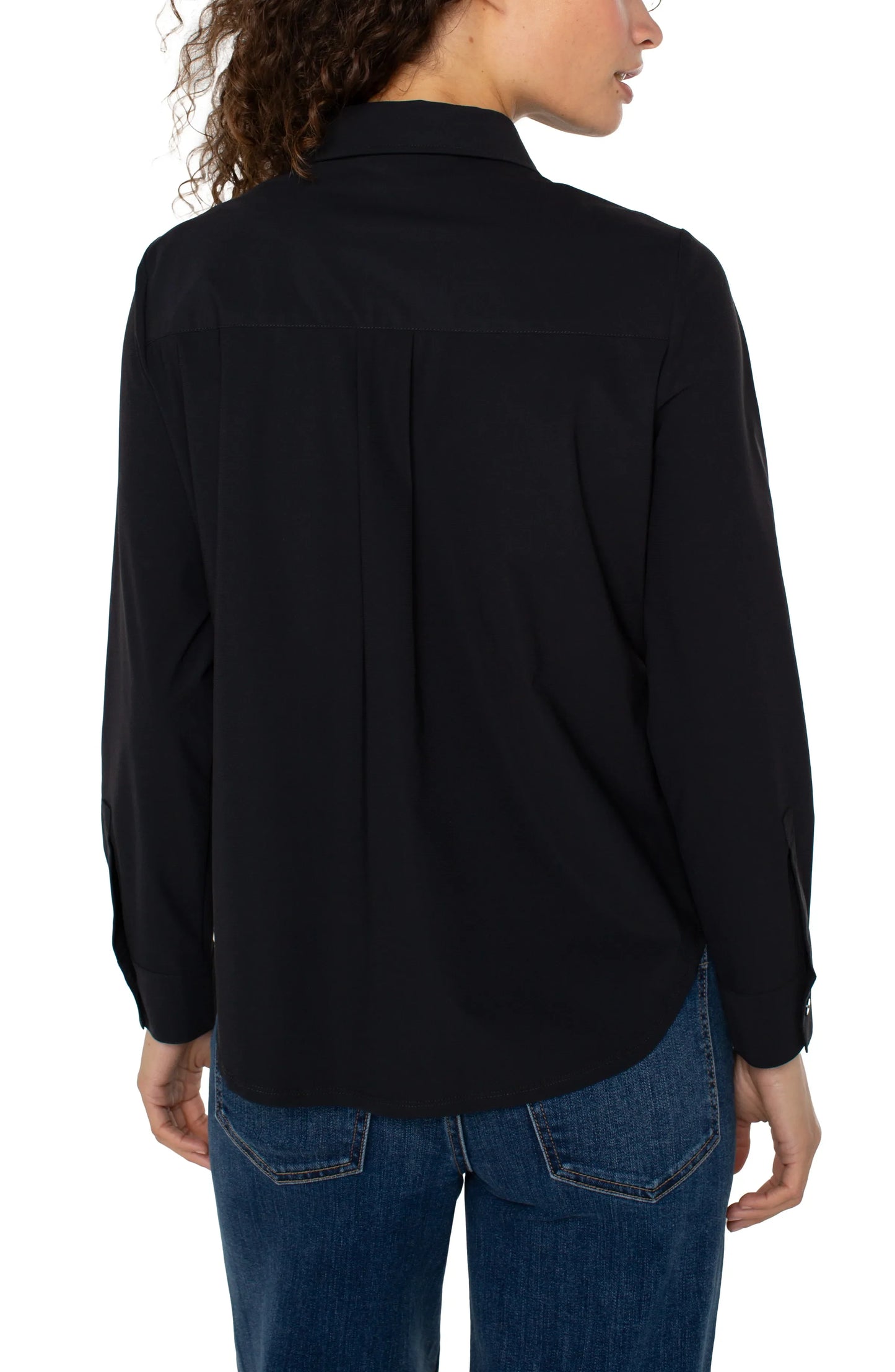 Long Sleeve Zip Front Top with Collar - Black