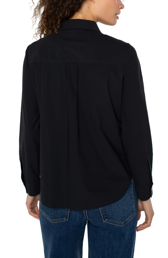 Long Sleeve Zip Front Top with Collar - Black